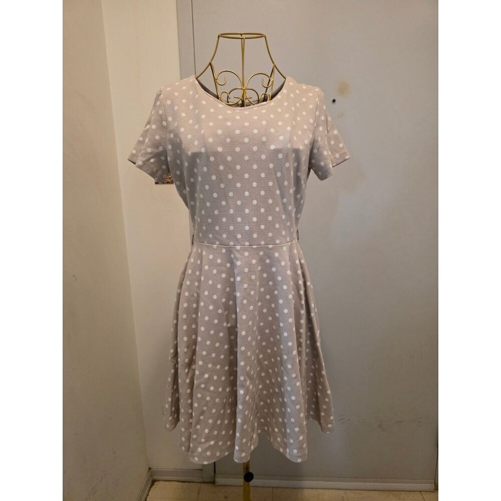 H&M Women's Beige Polka Dot Midi Dress Size M Cotton Stretch